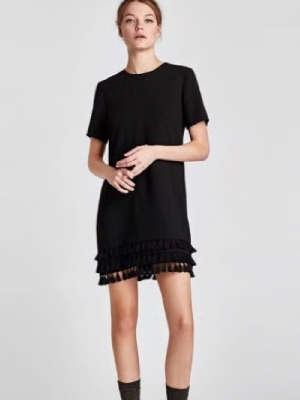 New Without Tags Zara Short Sleeve Shift Mini Dress With Fringe Hem Size Large